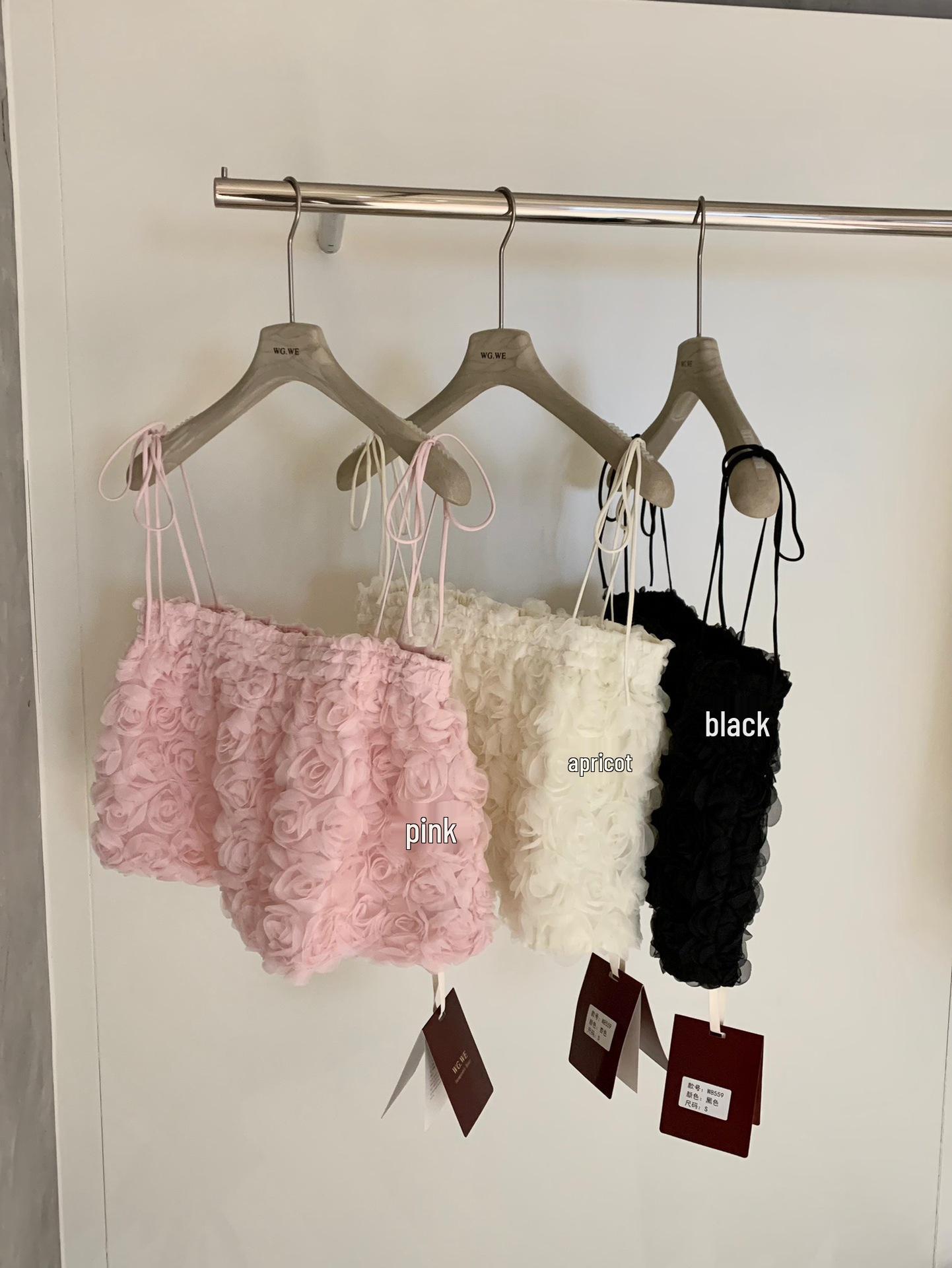 Women s Spring/Summer 3D Floral Mesh Lace-Up Camisole Top Small розовый