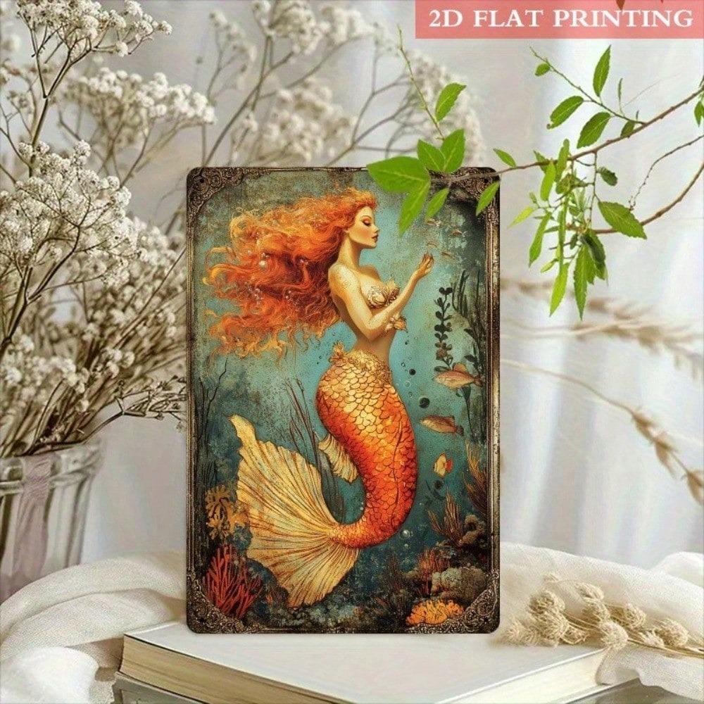 Vintage Tin Metal Mermaid Wall Art Bathroom Decor Ocean Fantasy Sign