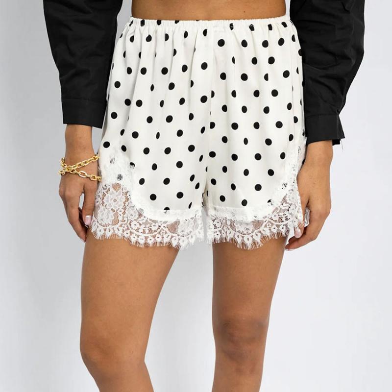 Shorts de Lunares para Mujer con Ribete de Encaje Blanco Cintura Alta Pantalones Cortos Casuales para Atuendos de Vacaciones para Niñas