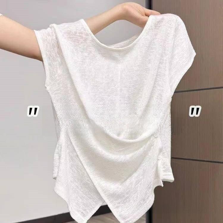 T Shirt Women Summer Oversize Linen Embroidered No Sleeve For Casual Fashion