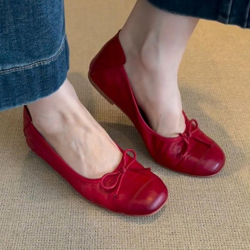 Spring and summer new versatile bow small red shoes women's round head flat sole single shoes soft sole retro temperament evening shoes