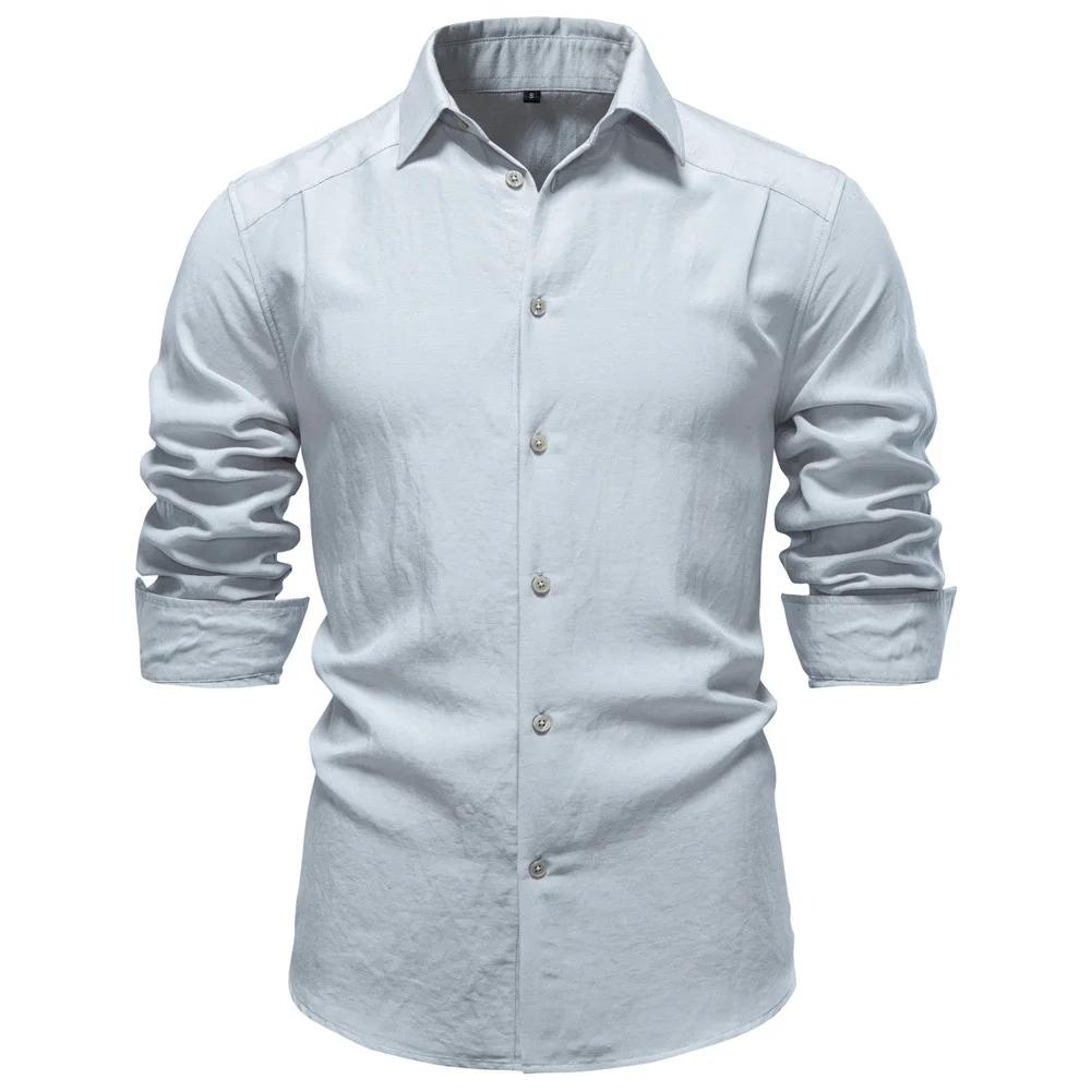 Chemise homme manches longues printemps automne doux décontracté couleur unie à col rabattu simple boutonnage
