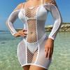 Vestito Estivo Mini Bodycon Bianco Rete Trasparente Lavorato all'Uncinetto Copricostume Donna Manica Lunga Costume da Bagno Beachwear Top Outfit Sexy