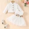 Autumn/Winter Long Sleeve Short Cardigan & Mesh Applique Dress Set with Skirt