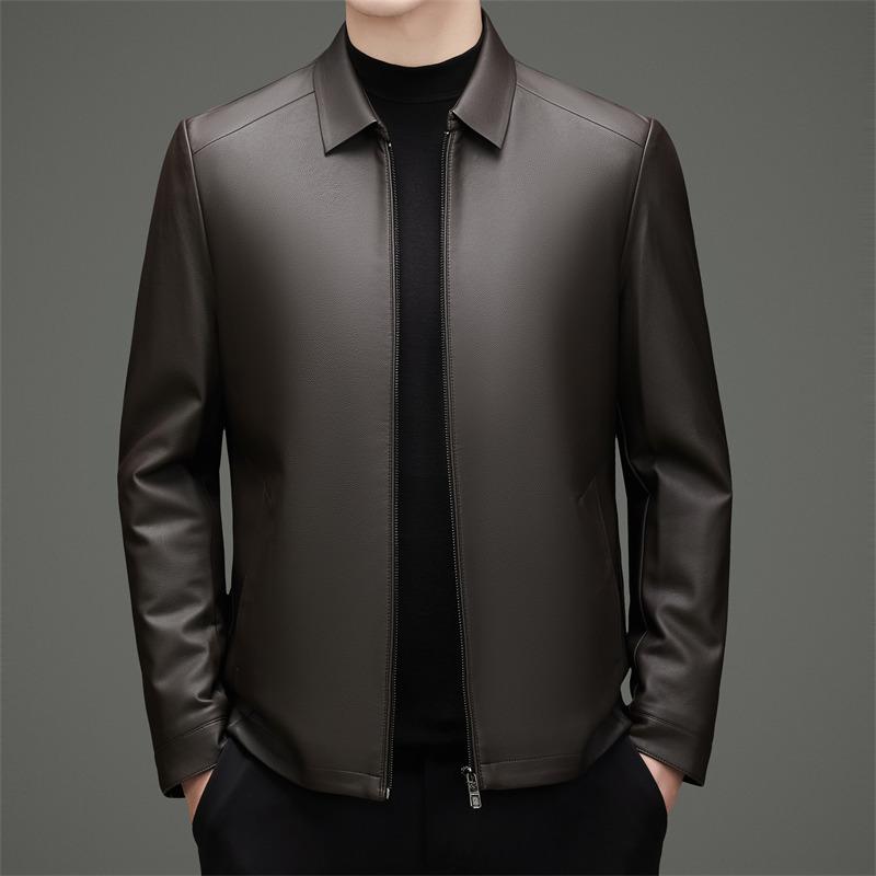 Autumn and winter new Haining clothes men's business casual simple sheepskin jacket dad lapel leather jacket
