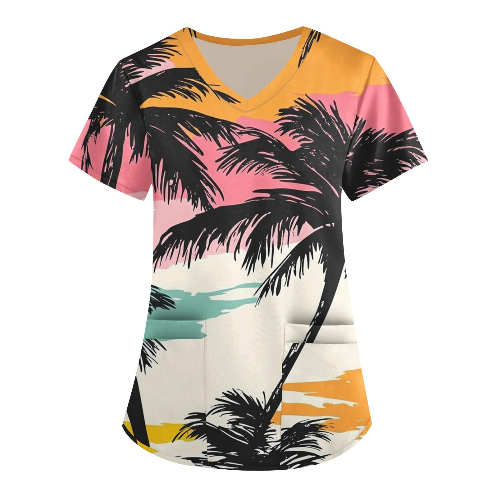 

Women s Fashion V-neck Short-sleeved Workwear With Pocket Hawaiian Print Top Carer Suit XXL помаранчевий
