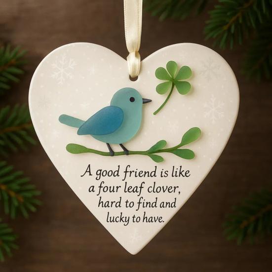 Heart Shaped Sea Glass Friendship Decor Sea Glass Bird And Four Leaf Clover Heart Ornament for Xmas Tree Friendship Keepsake for Best Friends