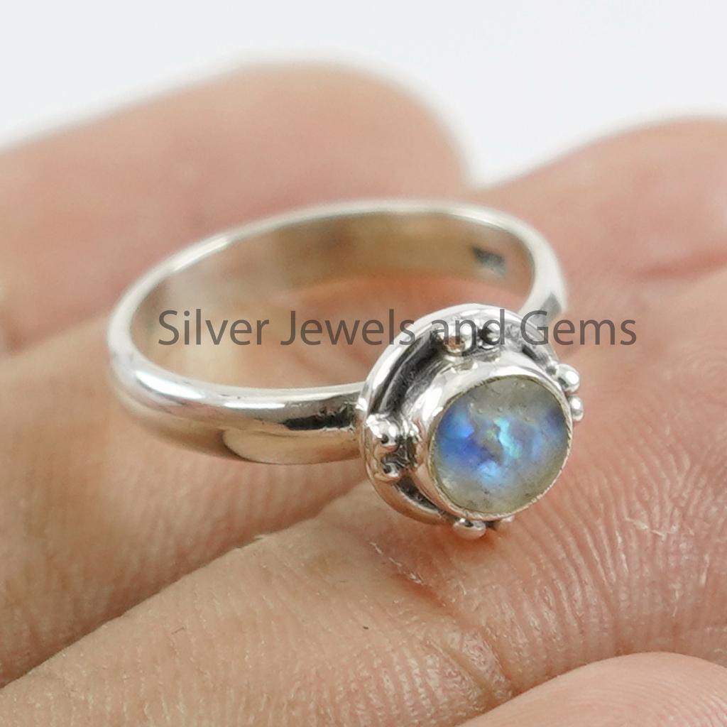 Rainbow Moonstone Ring: Tiny Blue Fire Moonstone, 925 Sterling Silver, Dainty Gemstone