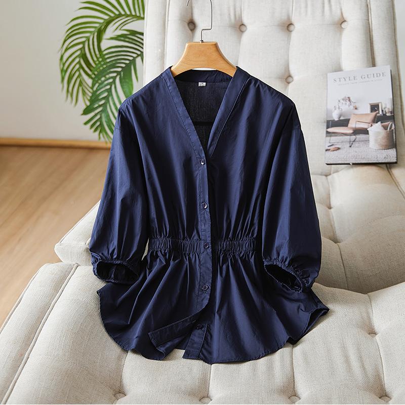 

Женская летняя хлопковая рубашка с V-образным вырезом и рукавами-пузырями свободного кроя XXL тёмно-синий