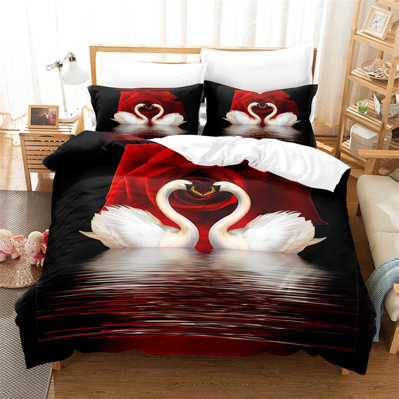 Swan Rose Queen Bedding Set Duvet Cover Set Bedding Digital Printing Bed Linen King Size Duvet Cover Set Bedding Set