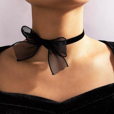 Summer Fashion New Bow Black Mesh Flower Neck Chain for Simple Women's Geometric Lace Choker Necklace