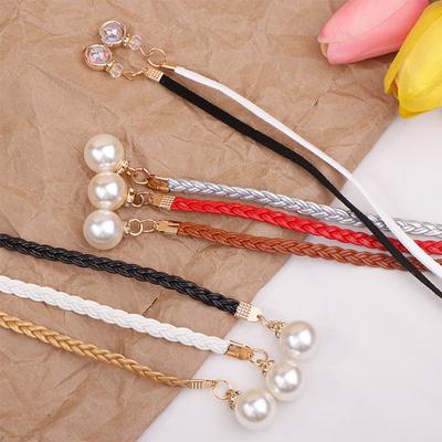 Cinturón retro trenzado de PU con perlas, cadena para la cintura, versátil, de cuero, para mujer, para vaqueros, vestidos, accesorios de ropa