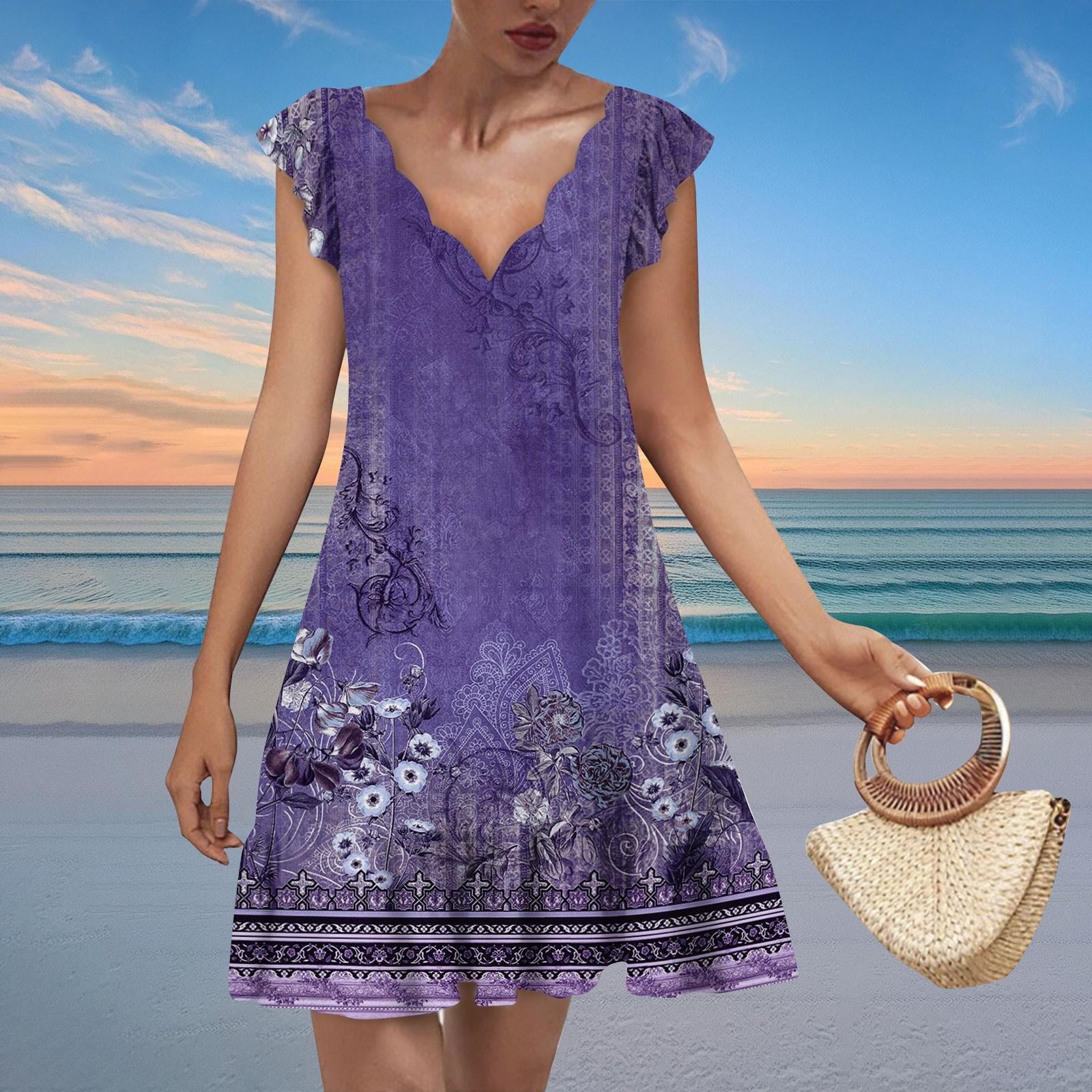 

Women s Fashion Casual V Neck Wavy Edge Floral Print Short Sleeve Dress XL фіолетовий