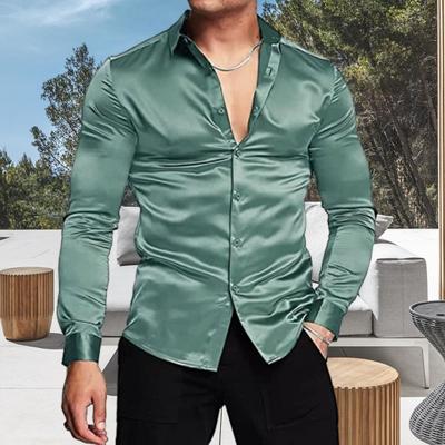 Men Glossy Dress Shirt Solid Color Long Sleeve Business Shirt Button-up Casual Slim Fit Shirt for Prom Parties Weddings