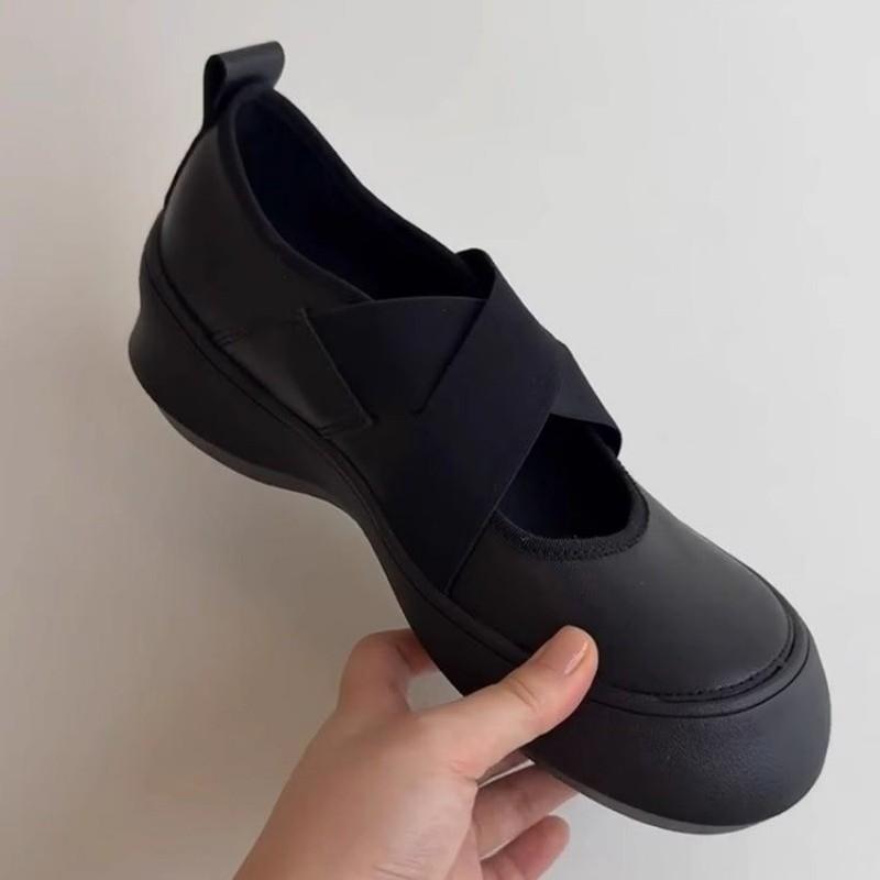 Módní Retro Tenisky s Tlustou Podrážkou Křížené Elastické Pásky Mary Jane Mělké Malé Kožené Boty Kulatá Špička Baleríny pro Ženy