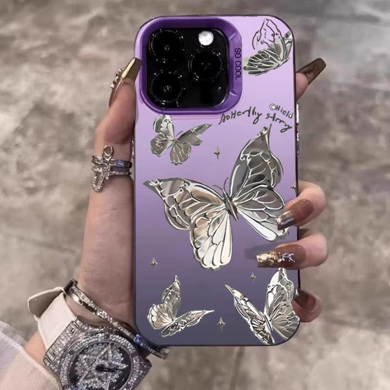

Silver Heart Butterfly Pattern Electroplate IMD Phone Case For iPhone 16 15 14 13 12 11 Pro Max 16E 7 8 Plus X XS XR SE Cover iPhone 11Pro Max