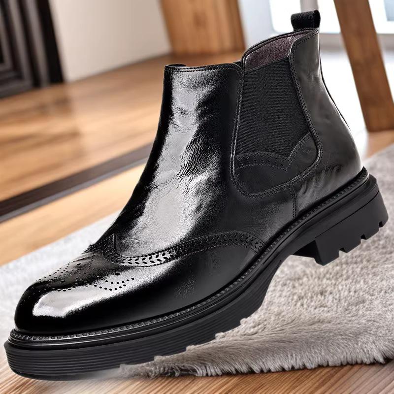 Men's Genuine Leather Chelsea Boots, Versatile Velvet-Lined Mid-Calf, Breathable, Trendy Snow & Martin Boots