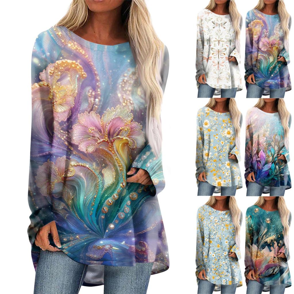 Damenmode Lässig Langarm Print Rundhals Pullover Top Bluse