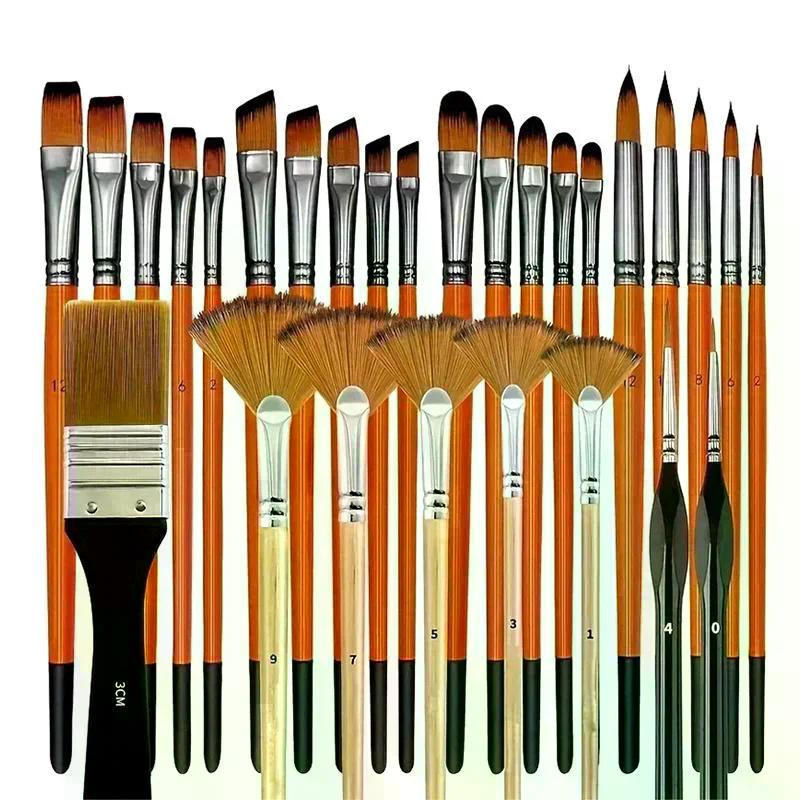 32Pcs Paint Brush Set For Acrylic Painting Premium Nylon Bristles With Round Filbert,Flat,Fan,Angle,Fine Detail Brush For Artist