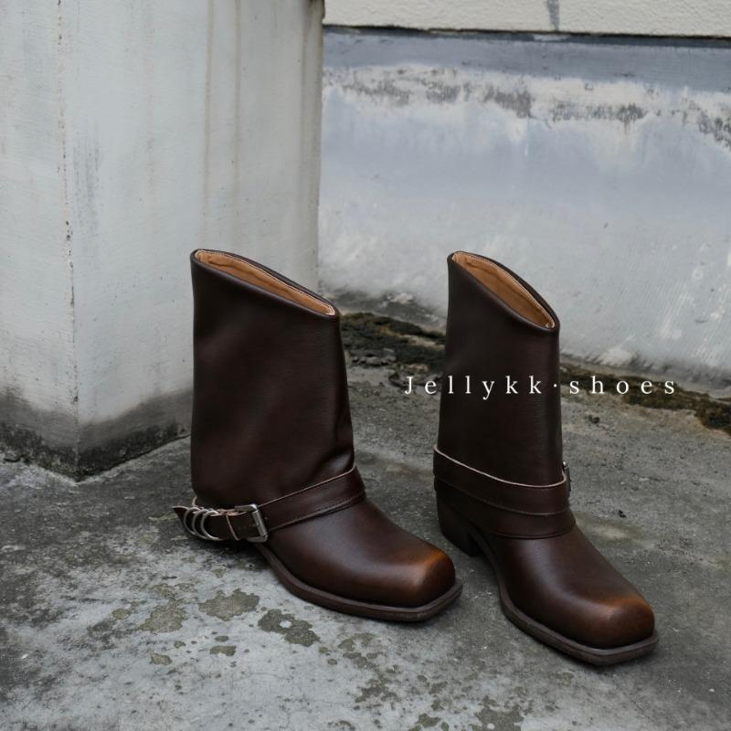 Cowhide Version~ Punk Street Retro Polished Martin Boots Women's Square Head Old Metal Warehouse Tube Western Boots