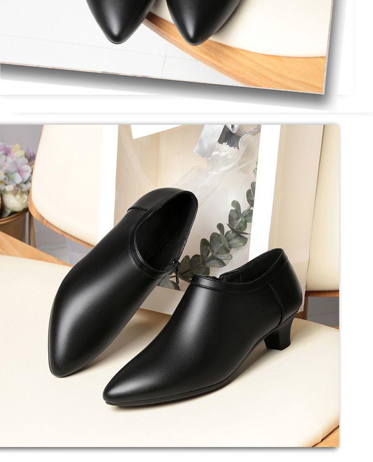 Women's Black Genuine Leather Fleece-Lined Work Shoes - Soft Sole, Wear-Resistant, Low Heel for Autumn/Winter