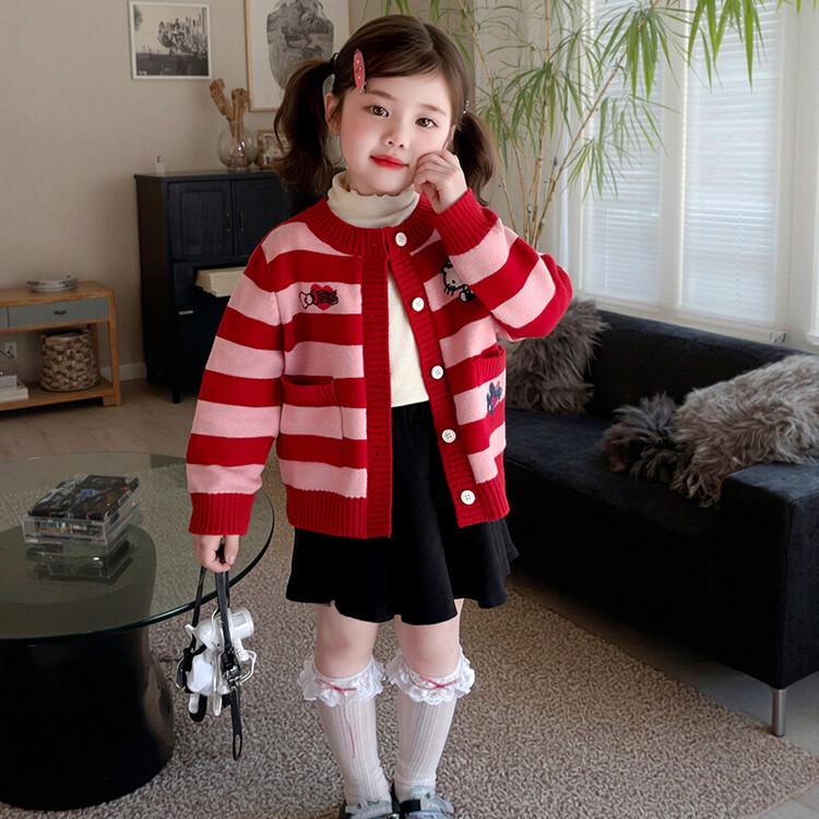 Autumn 2025 Girls' Knitted Cardigan: Cute KT Cartoon Striped Sweater for Baby Girls