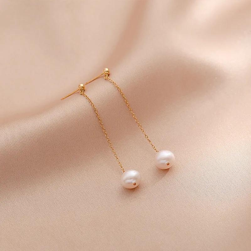 Women Gold Chain Long Tassel Earrings With Round Freshwater Pearls Wedding Bridal Jewelry