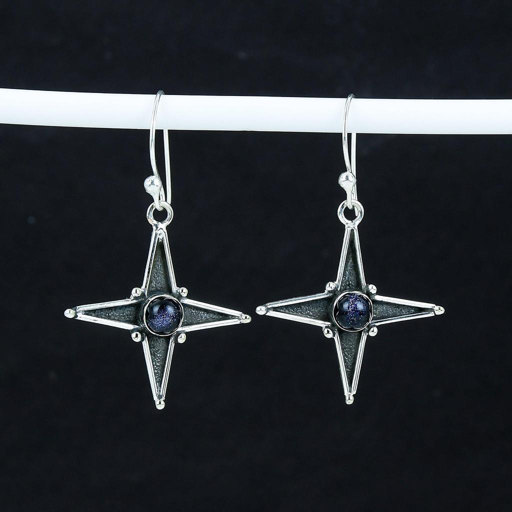 Natural Blue Sunstone Gemstone Star Shape Earrings, 925 Sterling Silver Earring, Handmade Boho Silver Jewelry Dangle Earrings, Wadding Gift