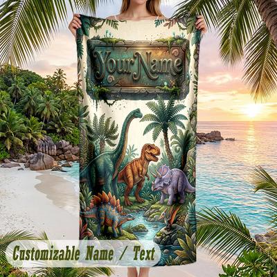 Dinosaur Theme Beach Towel Personalized Custom Name & Text Soft Quick Dry Beach Towel for Swimming Travel