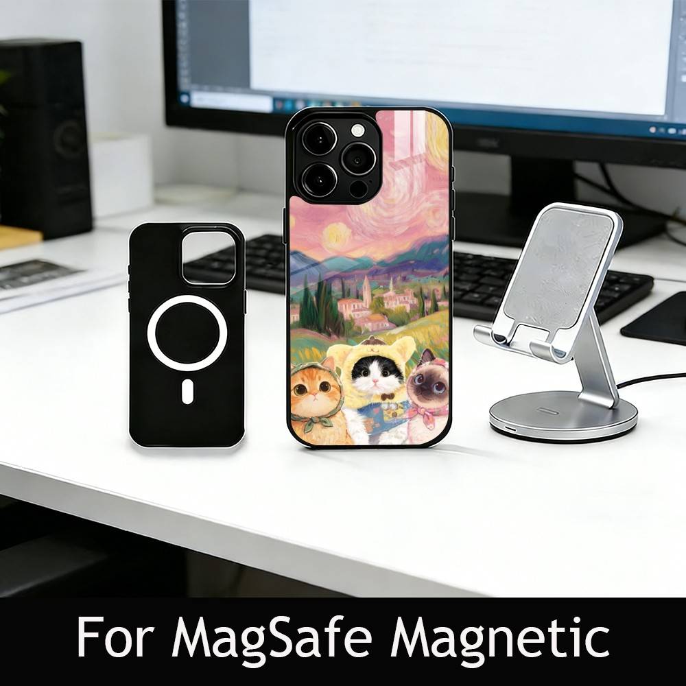 Pink Oil Painting Style Cat Phone Case For iPhone17,16,15,14,13,12,11 Plus,Pro Magnetic For Magsafe Wireless Charging
