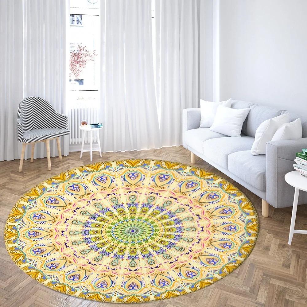

Psychedelic Mandala Printed Round Carpet for Living Room Bedroom Mat Easy To Clean Festive Atmosphere Decorated Home Decor Rug 120cm