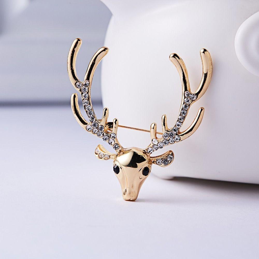 Rhinestone Christmas Badge Animal Deer Metal Brooch Unique Elk Head Brooch  Boys