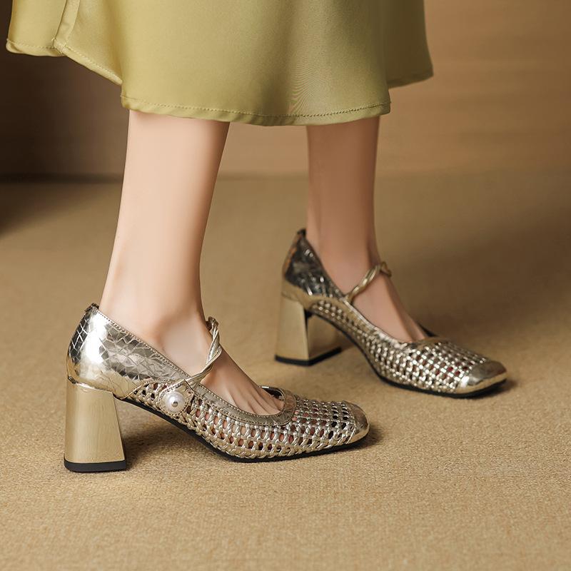 Sheepskin woven hollow sandals women's hole shoes leather shoes thick heel with Mary Jane shoes summer high heels