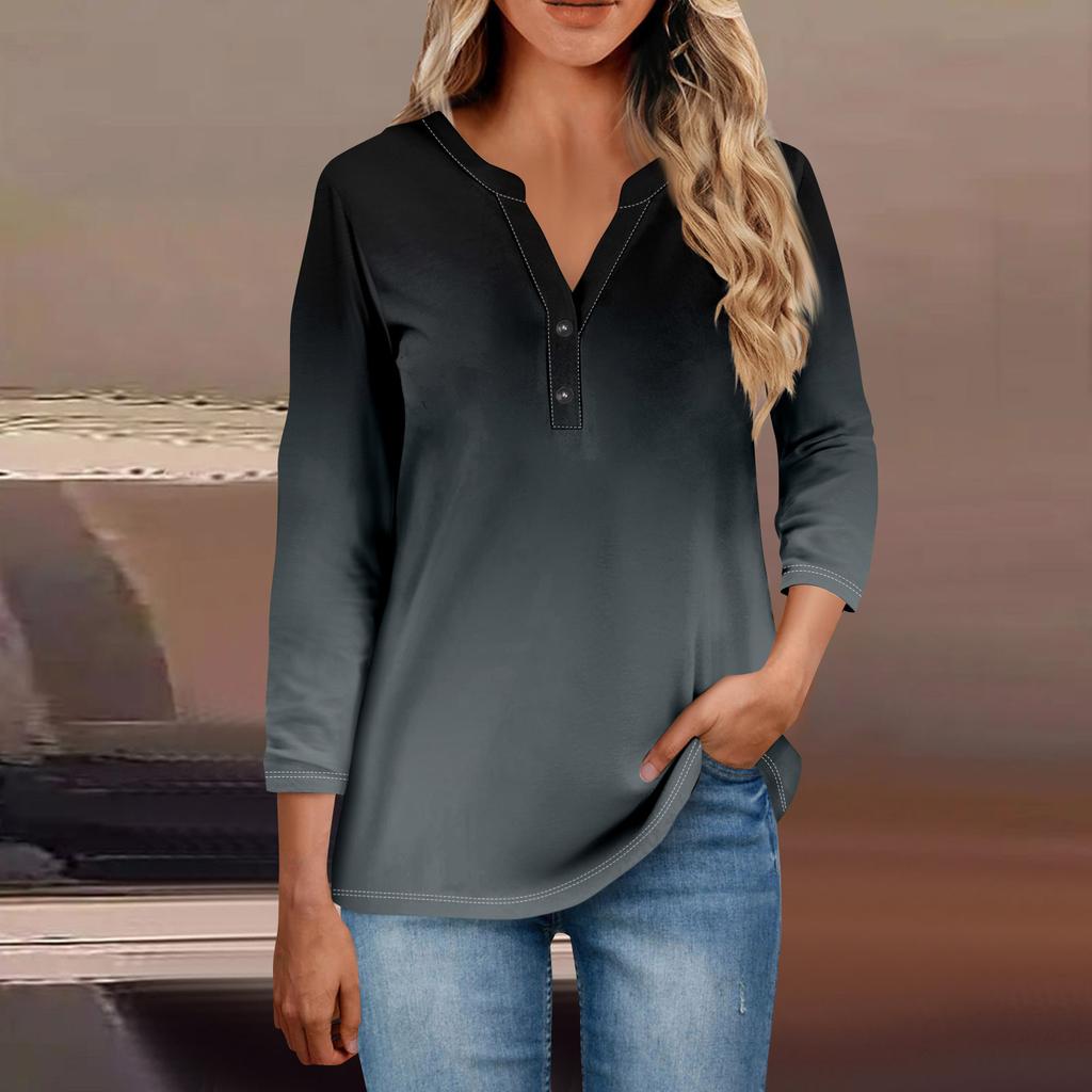 Women's Button Neck Tops Women's Casual Everyday Tops 3/4 Sleeve V Neck Fashion Print Shirt Tops Pocket Tee Sweatshirts