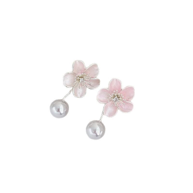 Korean Style Silver Needle Zirconia Enamel Flower & Pearl Earrings - Elegant, Light Luxury Accessories for Women