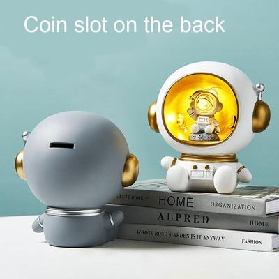 Astronaut Night Light Decoration Figurine with Piggy Bank Function Space Themed Resin Ornment for Kids Home Office