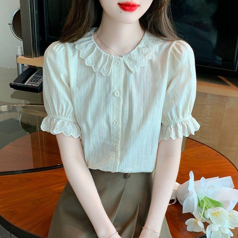 

Летняя женская хлопковая рубашка с оборками и воротником Питер Пэн - Шикарный красный топ M бежевый