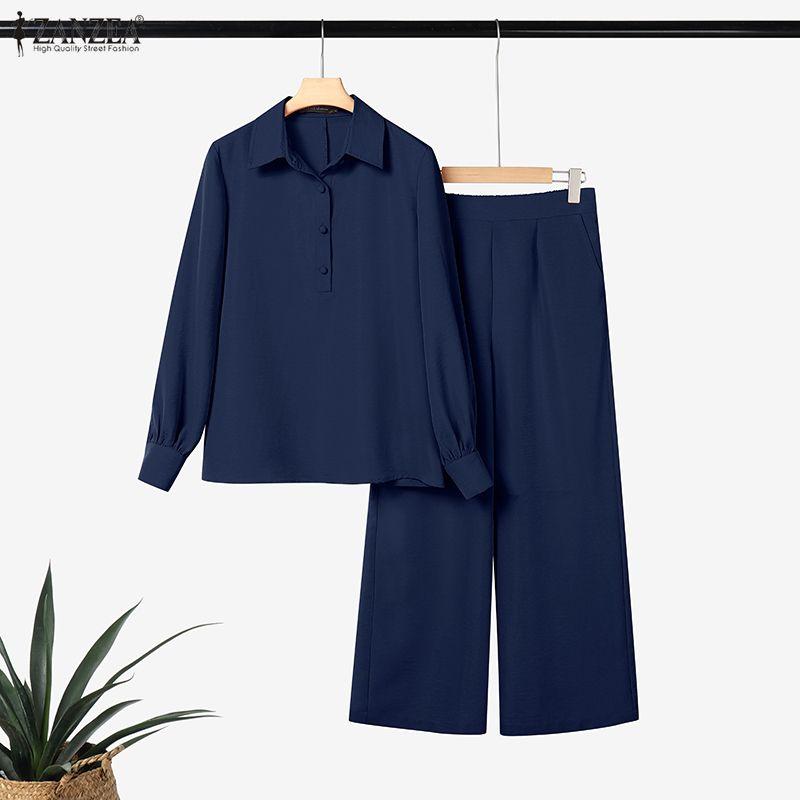 ZANZEA Two Piece Suit Women Lapel Neck Long Sleeve Shirts and Pants Casual Sets Outfits