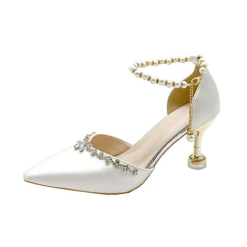 

Дизайн модного бренда, туфли-лодочки с ремешком на щиколотке из жемчужной цепочки, женские, лето 2025, сексуальные, с острым носком, на высоком каблуке, вечерние туфли, роскошные, блестящие, свадебные туфли 40