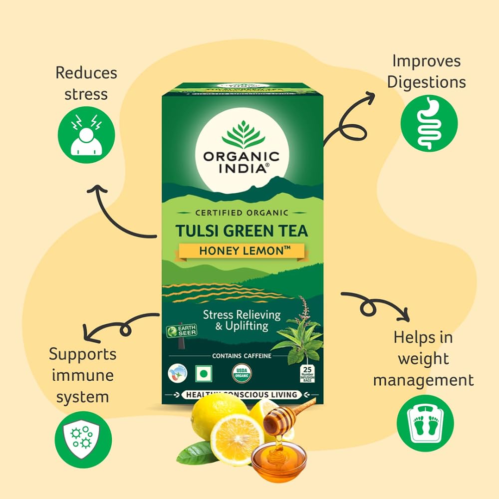 Organic India Tulsi Green Tea Honey Lemon 100 Teabags Pack Of 1 For Refreshing Aroma And Daily Wellness Support