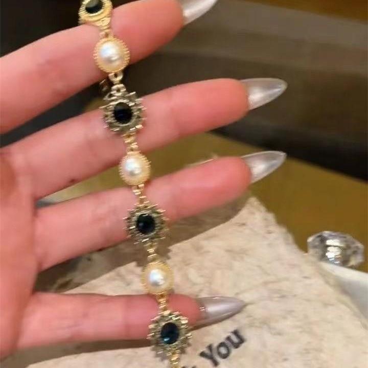 Sonnenthematischer Schmuck Handkette mit Imitationsperlen und funkelnden Strasssteinen für Damen