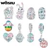 WOSTU Easter Gift 925 Sterling Silver Pink Rabbit Charm Lucky Egg Pendant Heart Beads Fit Original Bracelet Necklace DIY Gift