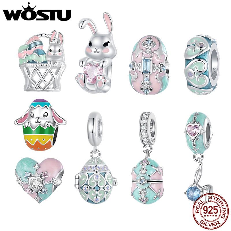 WOSTU Easter Gift 925 Sterling Silver Pink Rabbit Charm Lucky Egg Pendant Heart Beads Fit Original Bracelet Necklace DIY Gift