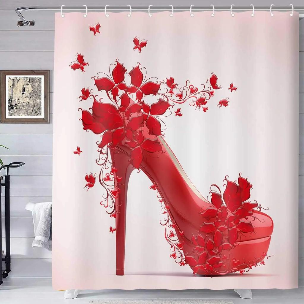Diamonds Silver Gray High Heels Shoe Shower Curtain Modern Fashion Girl Black Bathroom Sets Waterproof Polyester Fabric