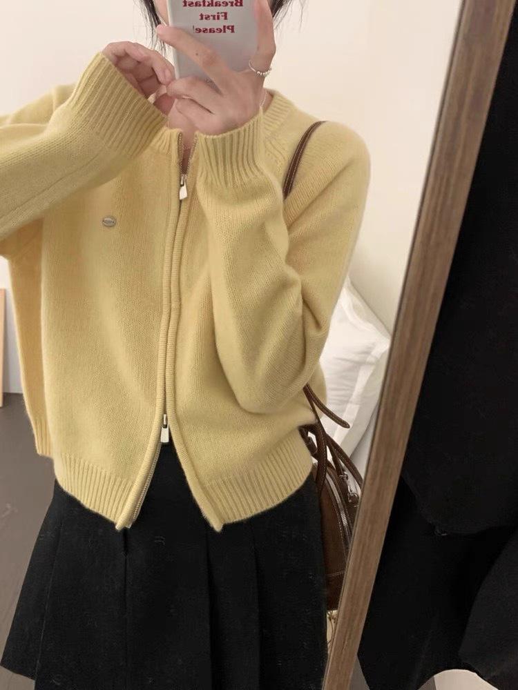 New Autumn European Style Women's 100% Pure Wool Zipper Cardigan - Retro Short Knit Sweater Coat