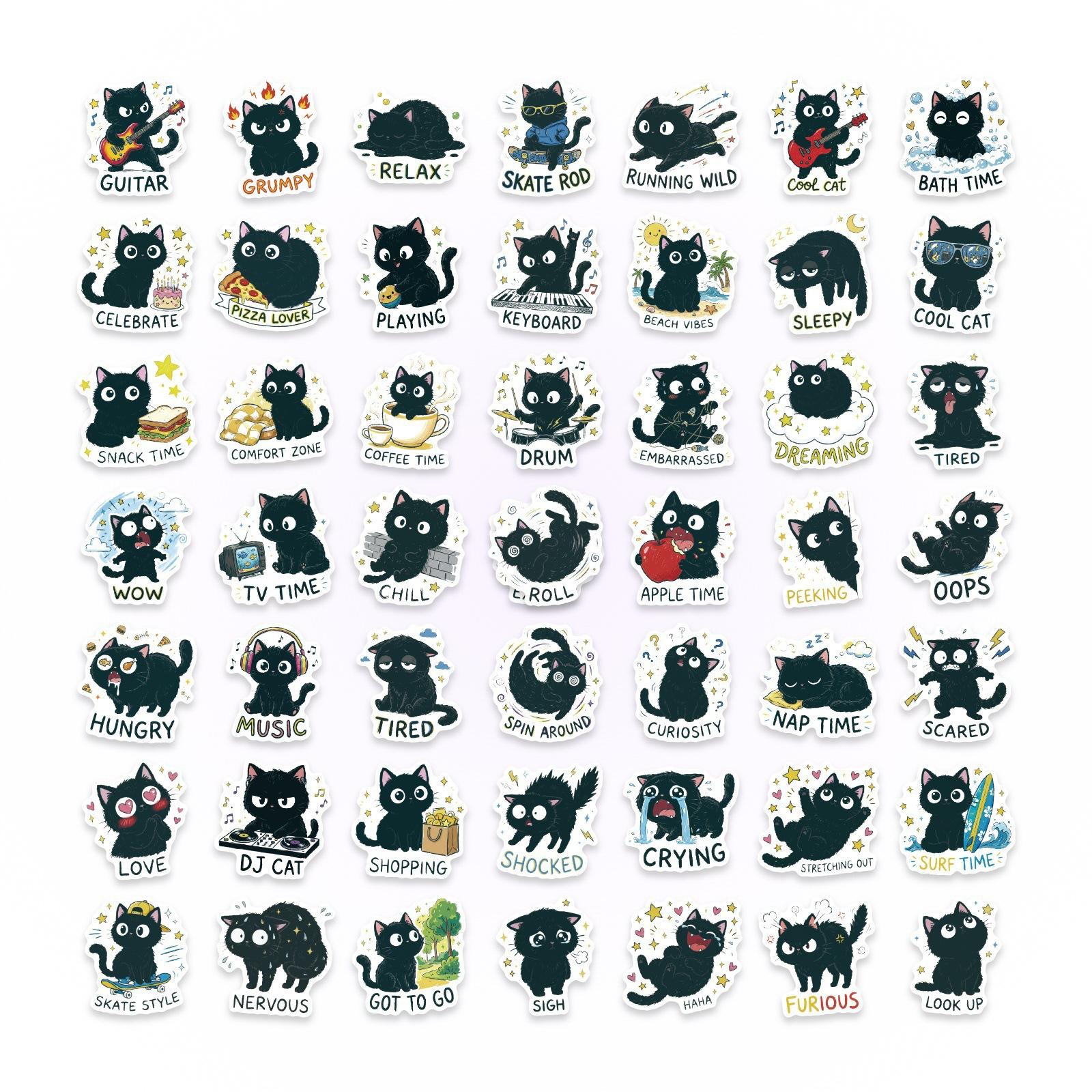 

50 Cute Cartoon Anthropomorphic Black Cat Diary Creative Stickers Water Cup Skateboard Decoration Waterproof Stickers