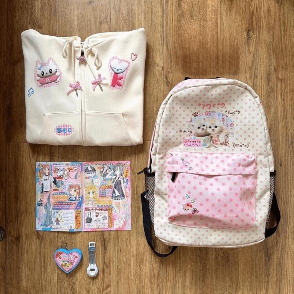 Kawaii Contrast Color Cat Dot Backpacks Patchwork High-capacity Preppy Schoolbags Shoulder Bag Students Girl Travel Book Bag