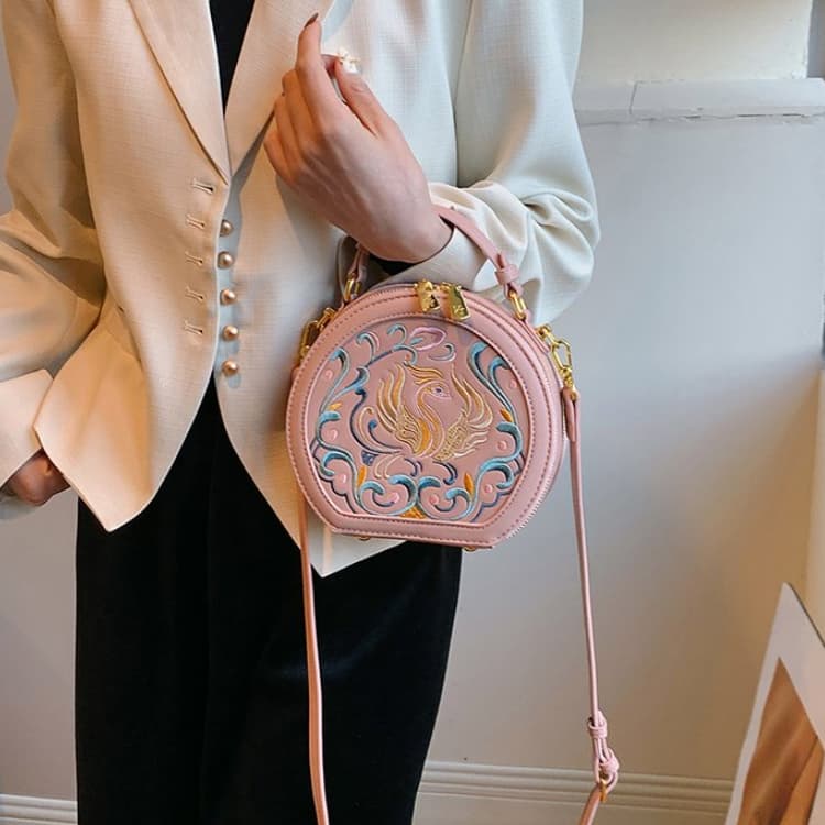Vintage Embroidery Round Shoulder Bag, Zipper Handbag, Classic Trend Niche Satchel Bag