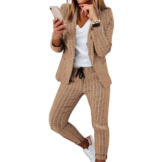 2 Stück/Set Damen Blazer Hosen Set Umlegekragen Cardigan Langarm Elastische Taille Schmale Passform Kordelzug Formell Knöchellang Kariert