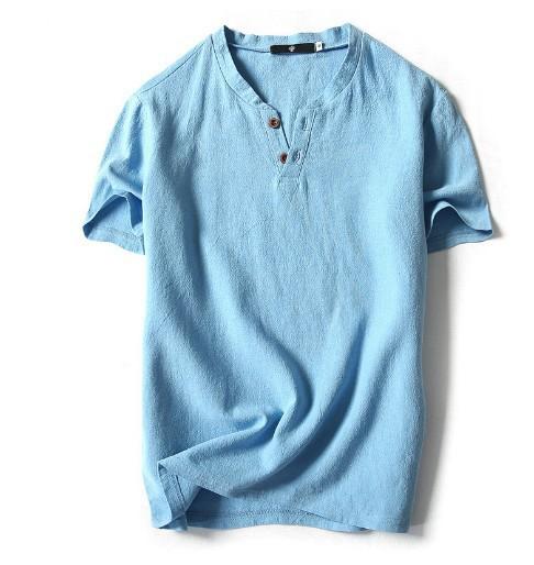 Mens Japanese Solid Linen Cotton Plus Size Short Sleeve Two Button Tshirt